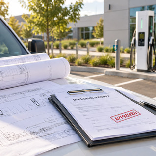 Approved building permit and site drawings on a clipboard at a commercial EV charging site