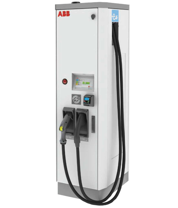 ABB floor standing DC fast charging station with two connectors and a display screen