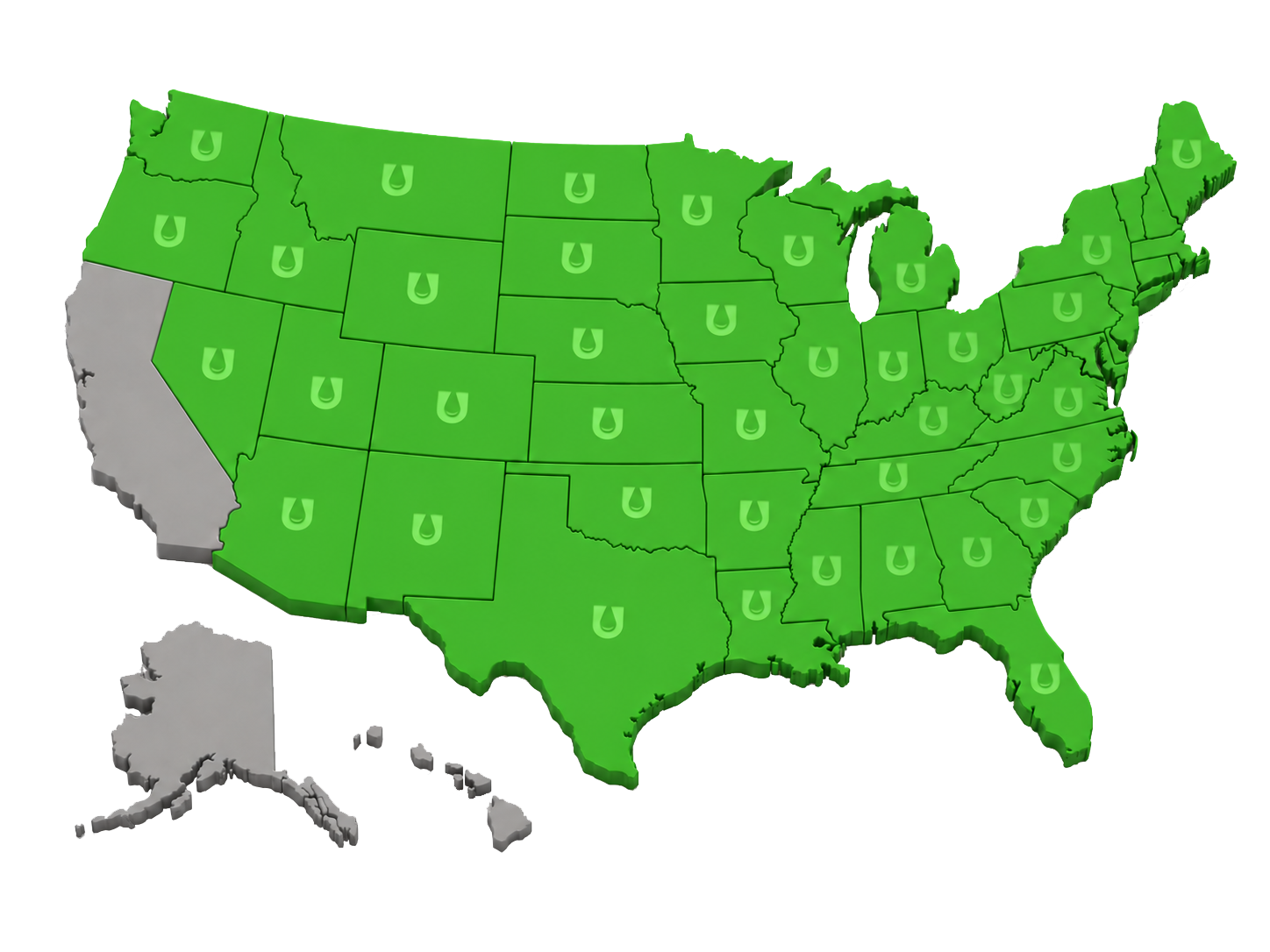 Map of the United States with EV charging installation service states highlighted in green